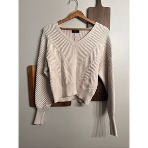 Tahari Cream Ribbed Knit V Neck Long Balloon Sleeve Pullover Sweater Size Small